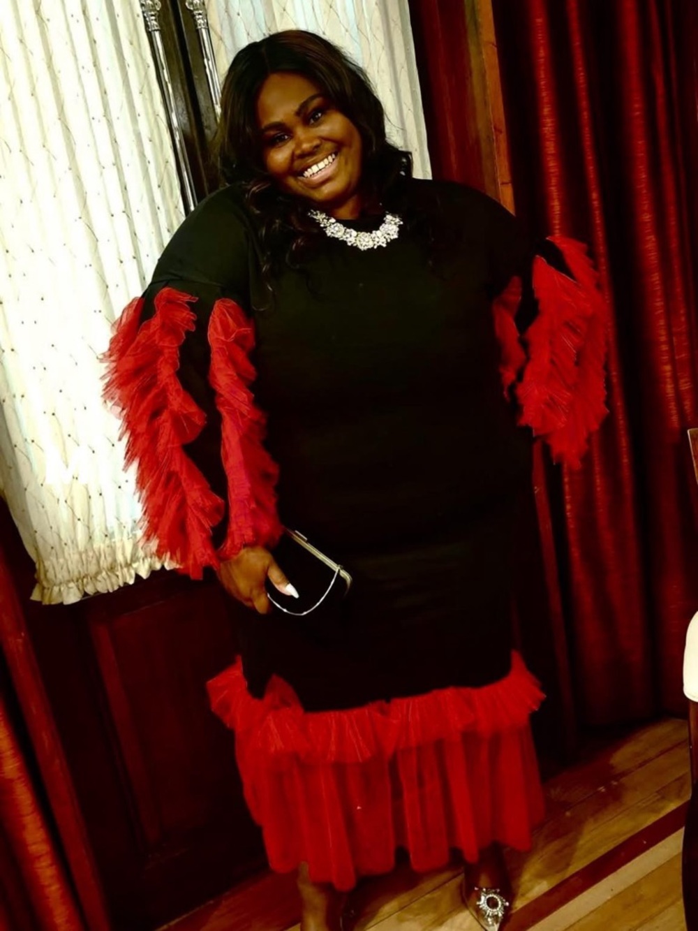 Beautiful Black & Red Ruffle Hem Long Dress - Women